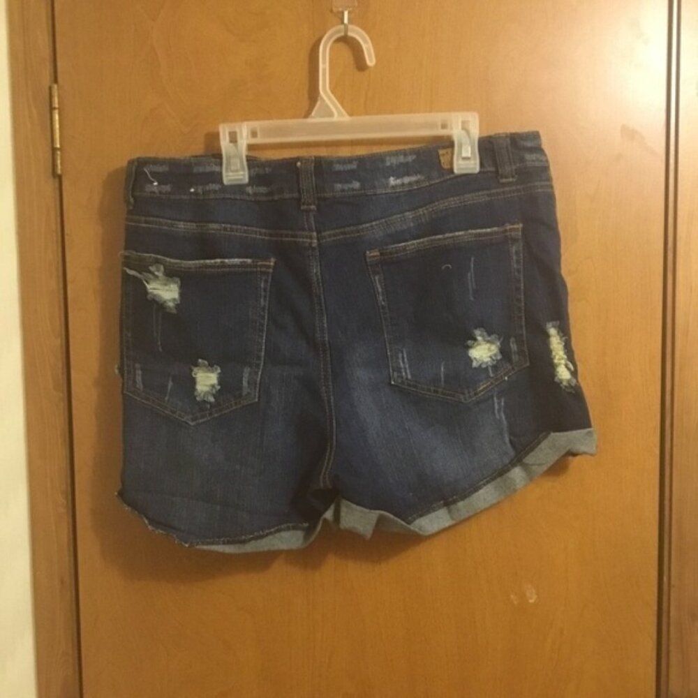 Almost Famous Dark Wash Distressed Destroyed bottom cuff Jean Denim shorts 13 - Picture 2 of 12